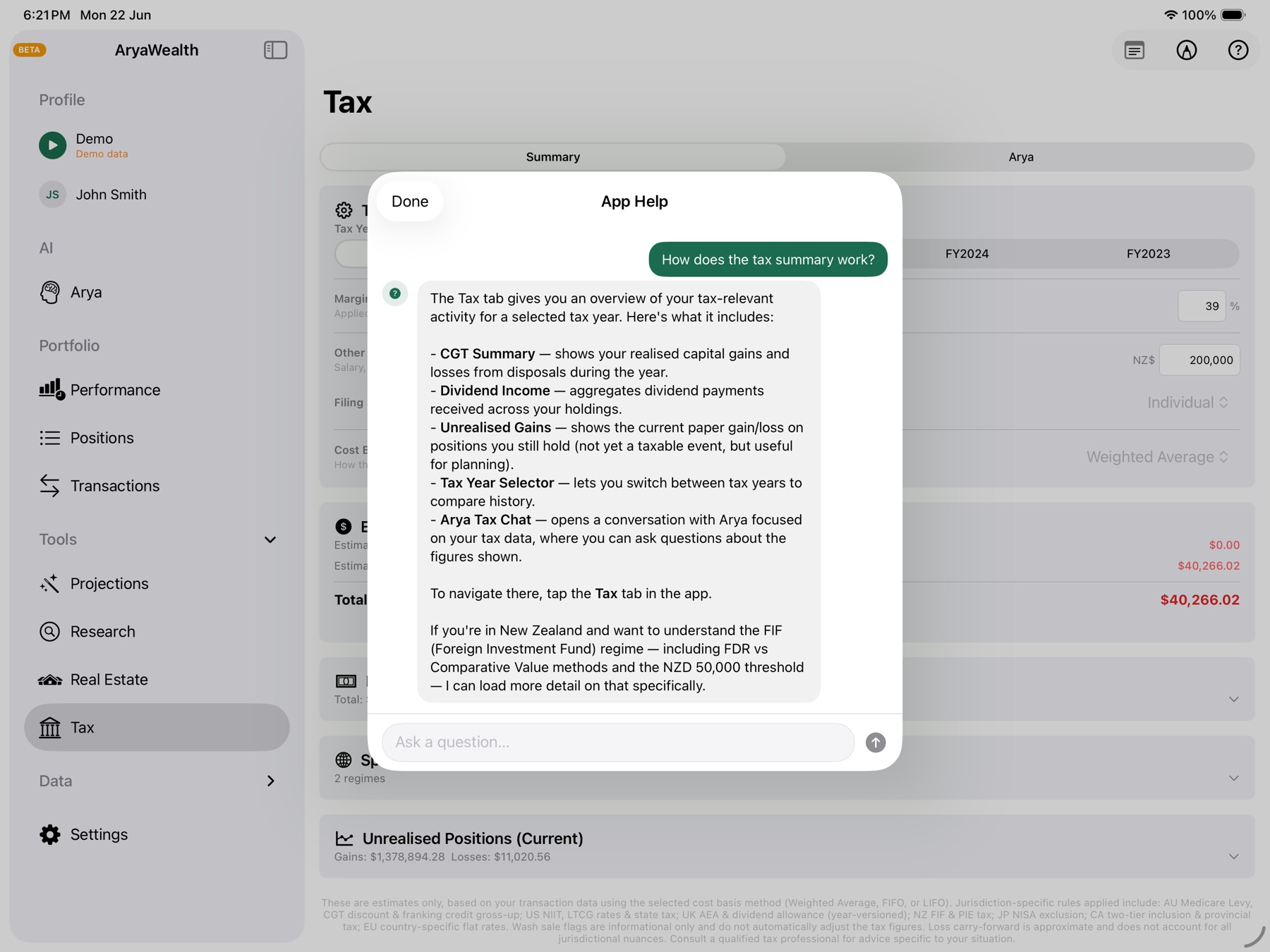 App Help — contextual in-app chat answering app questions from a curated knowledge base, scoped to the current screen and never to your portfolio