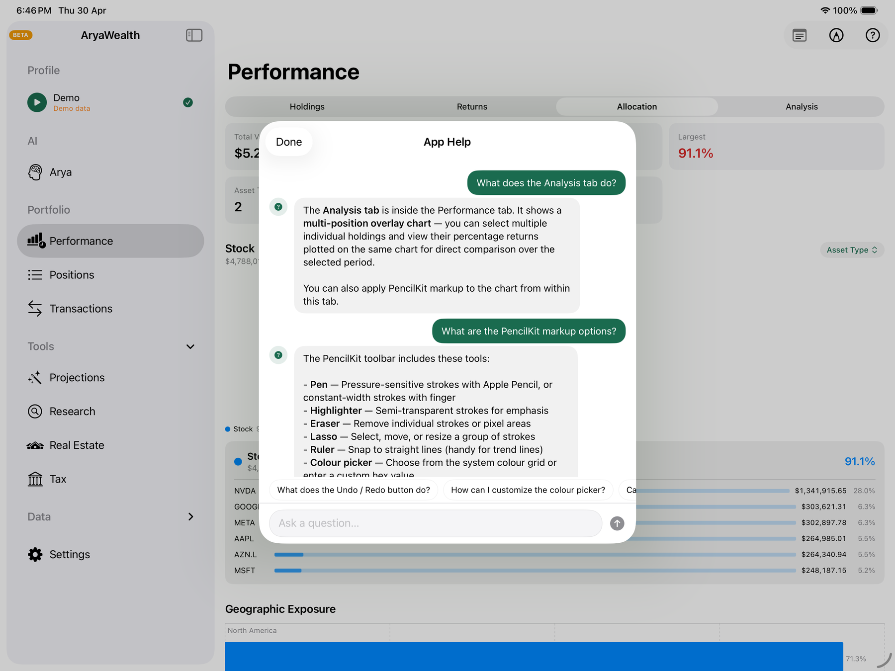App Help — contextual in-app chat answering app questions from a curated knowledge base, scoped to the current screen and never to your portfolio
