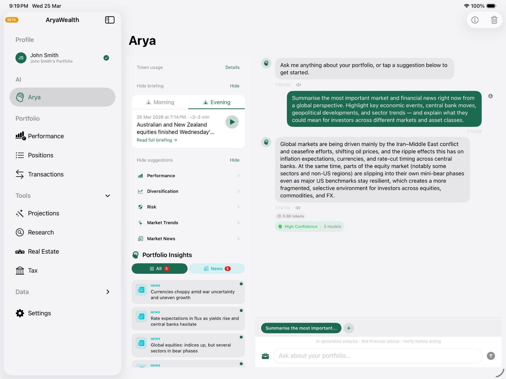 Arya AI chat with market analysis