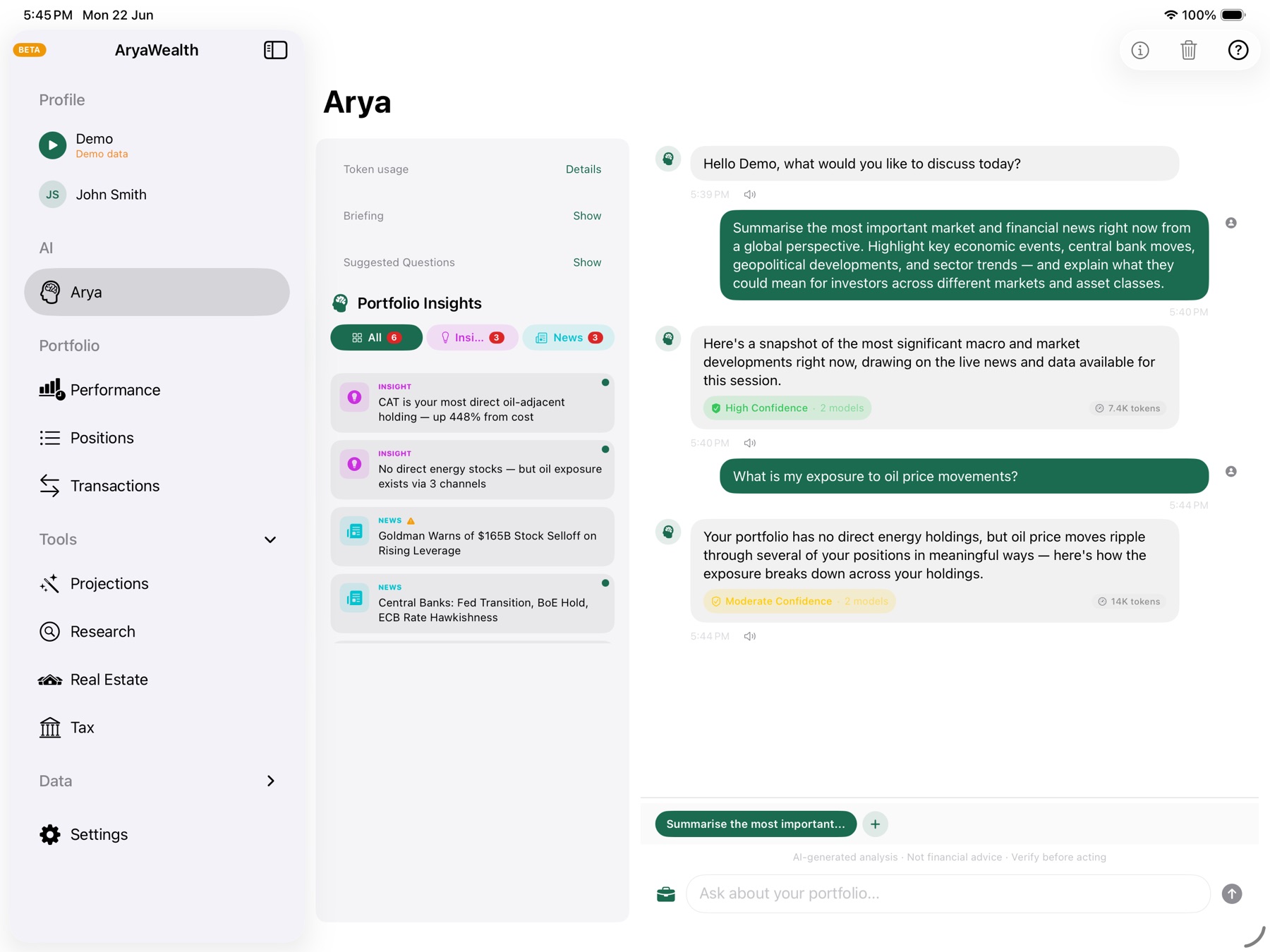 Arya AI chat — portfolio-aware conversation with cross-model confidence