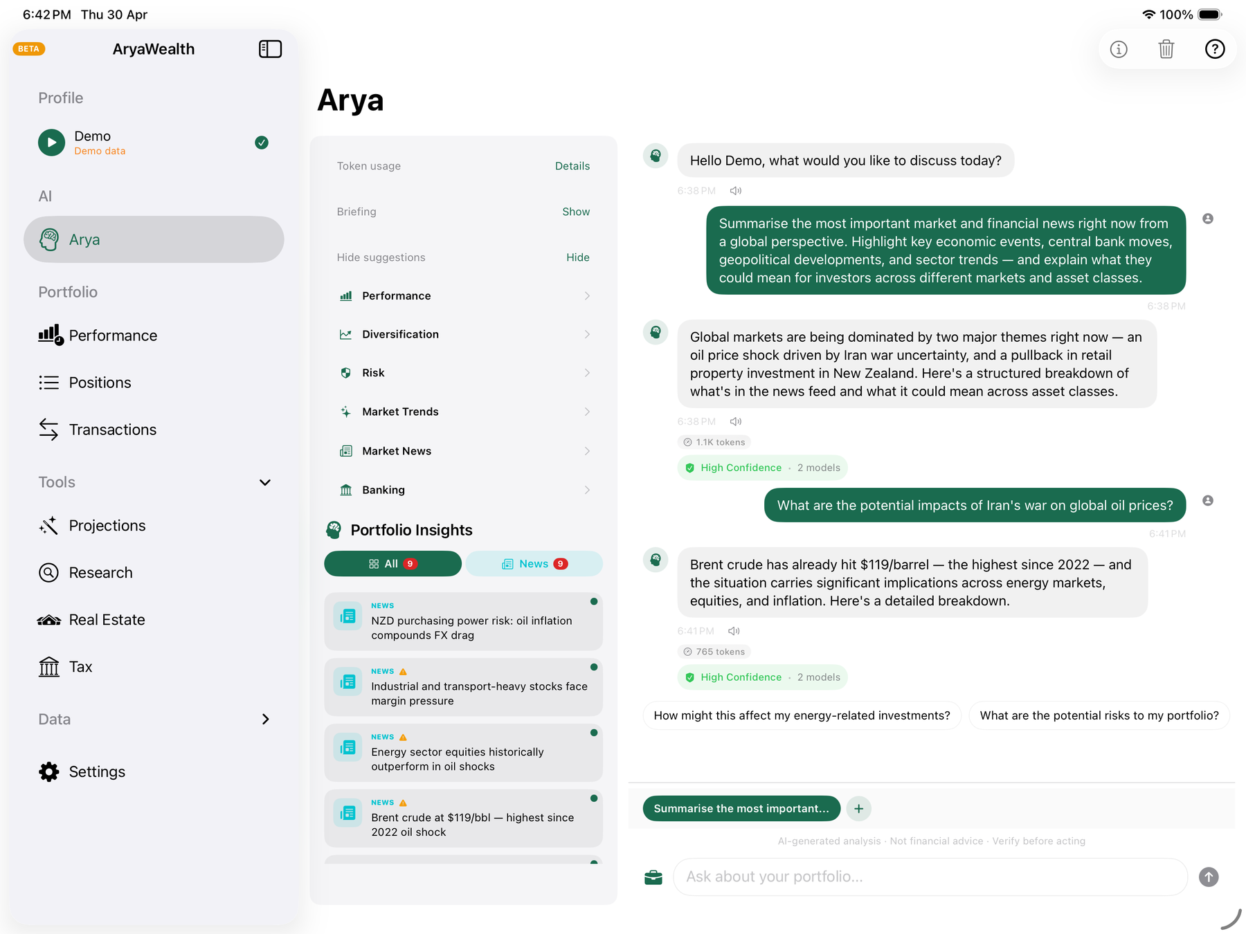 Arya AI chat — portfolio-aware conversation with cross-model confidence