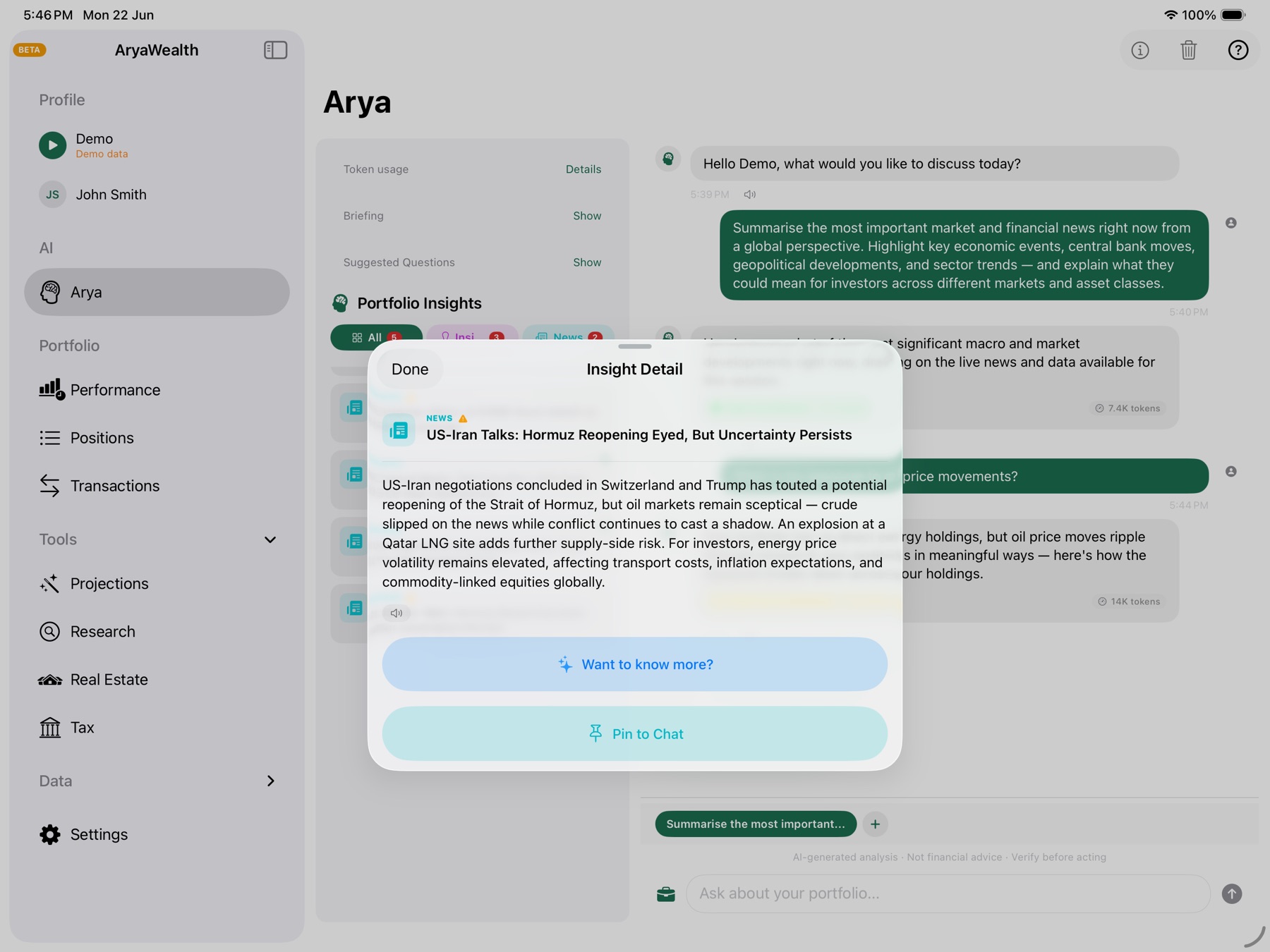 Portfolio-aware insight detail with pin-to-chat action
