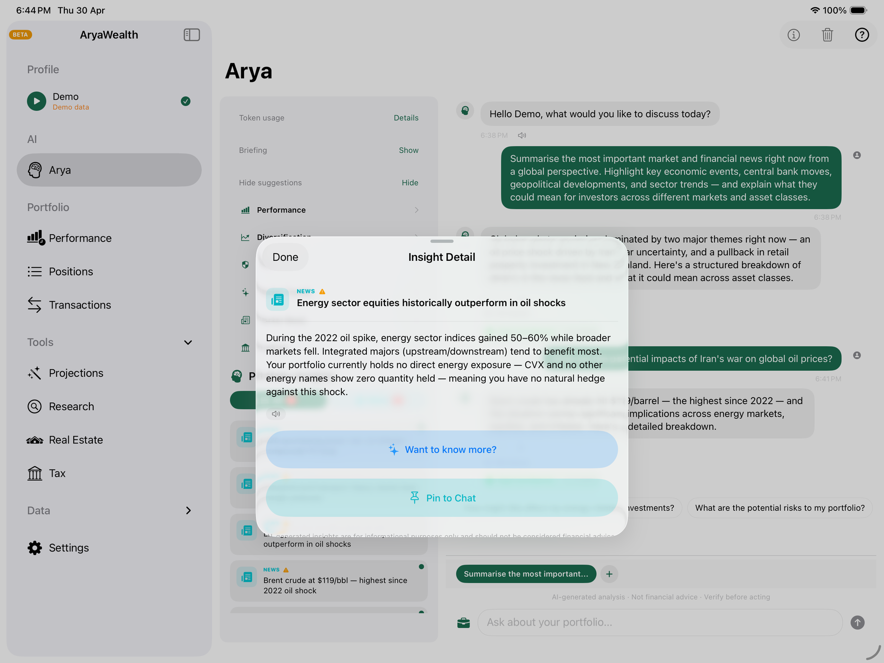 Portfolio-aware insight detail with pin-to-chat action
