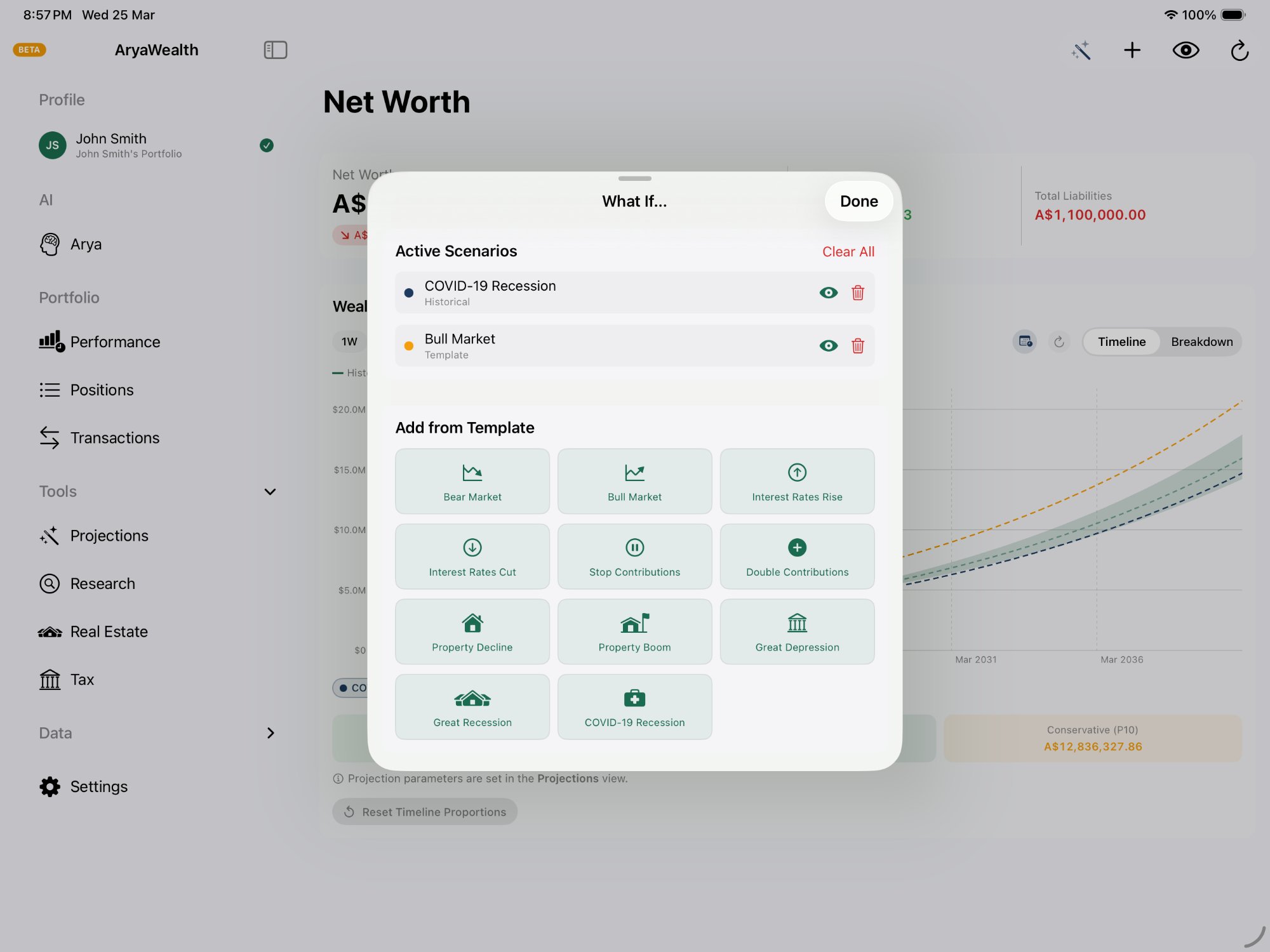 What-If scenario selector with templates