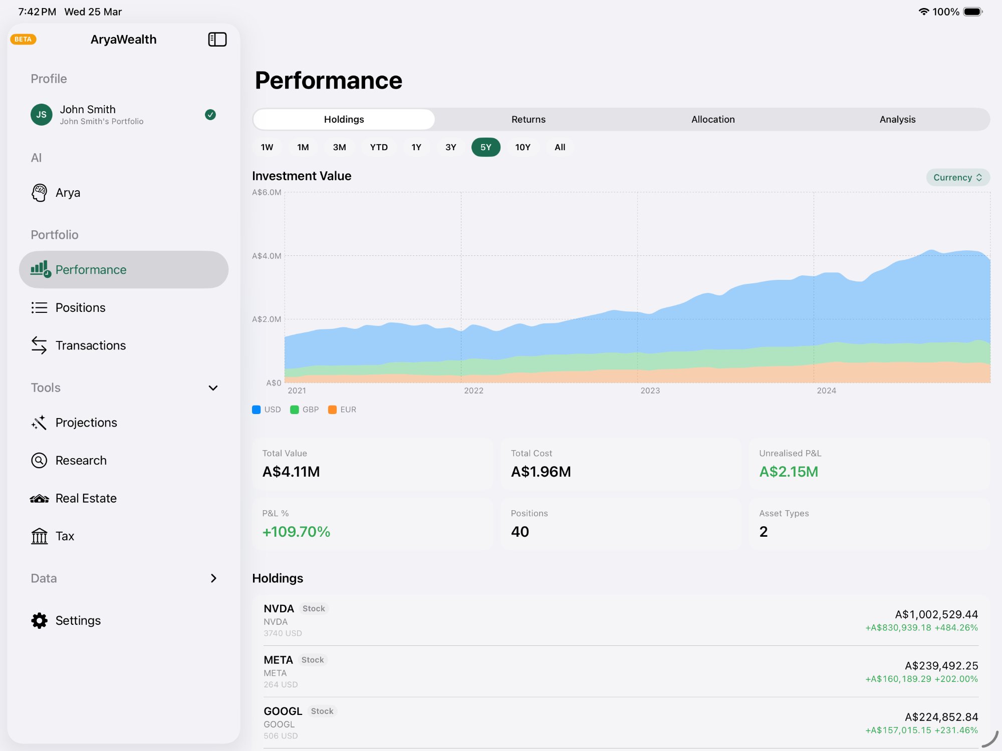 Investment value chart with holdings breakdown
