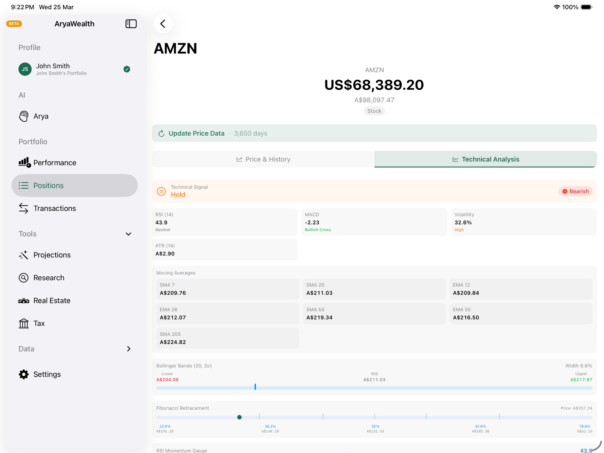 Technical analysis with RSI, MACD, and moving averages