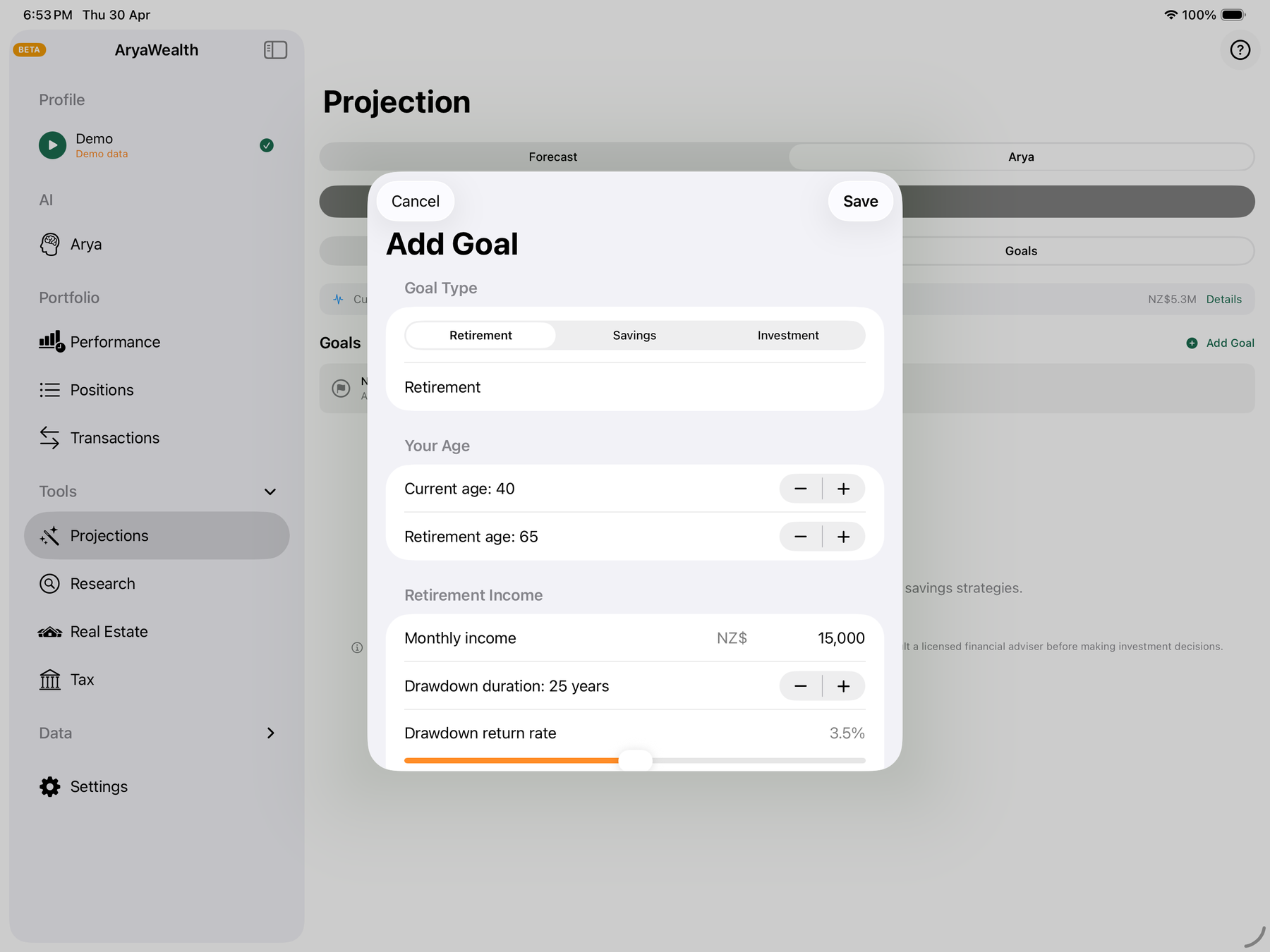 Retirement goal builder with age, income, and drawdown parameters