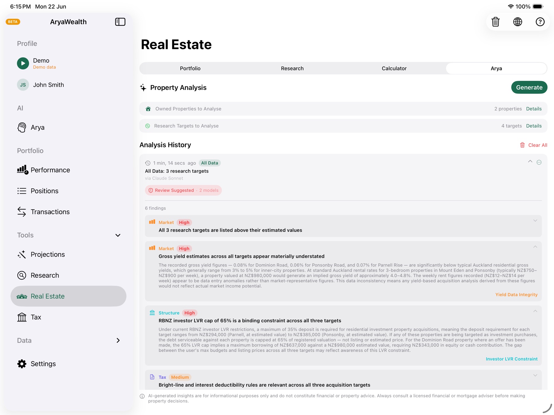 Arya real estate summary describing your mortgage position, LVR, bright-line dates, and loan structure