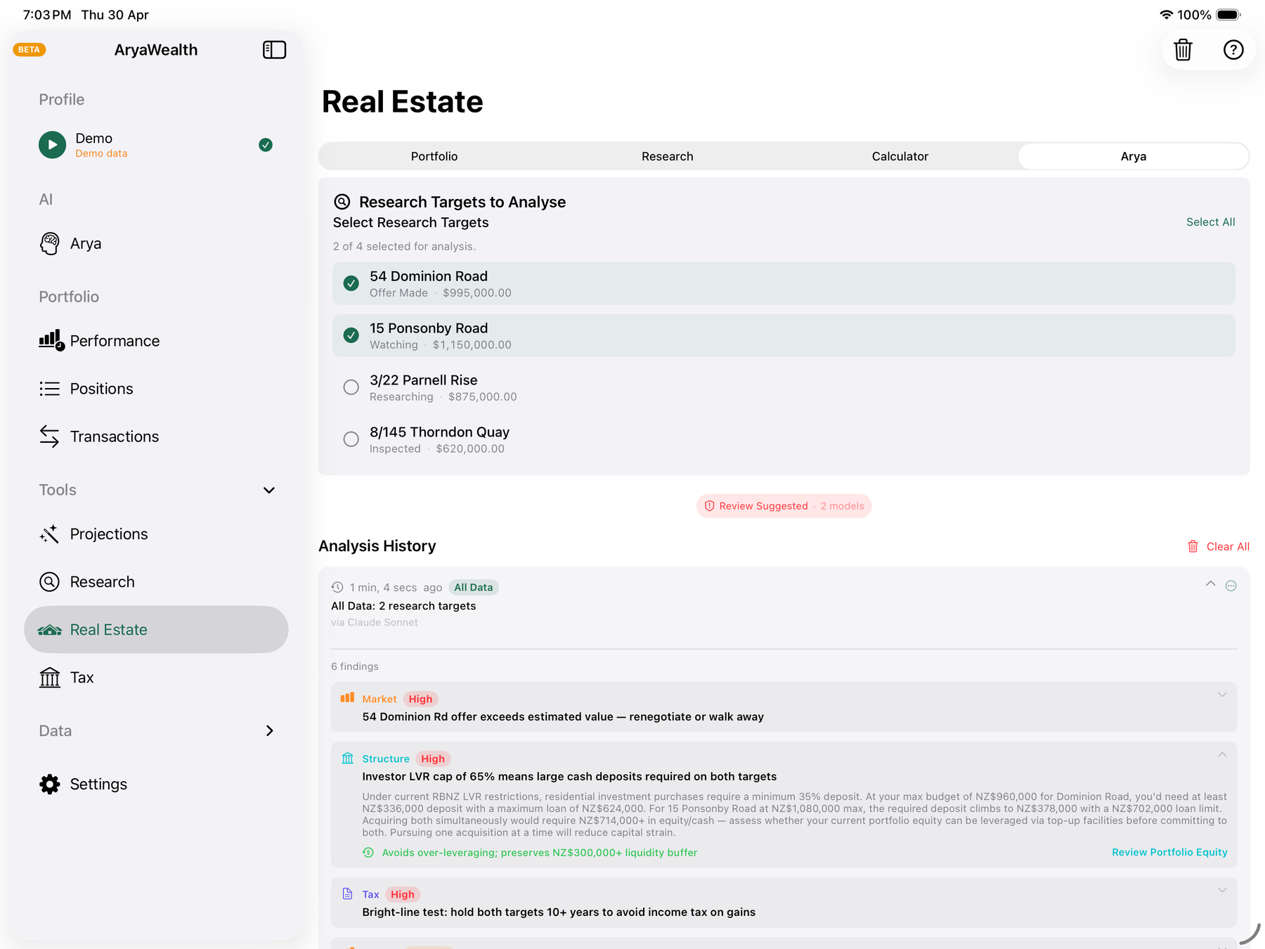 Arya real estate summary describing your mortgage position, LVR, bright-line dates, and loan structure