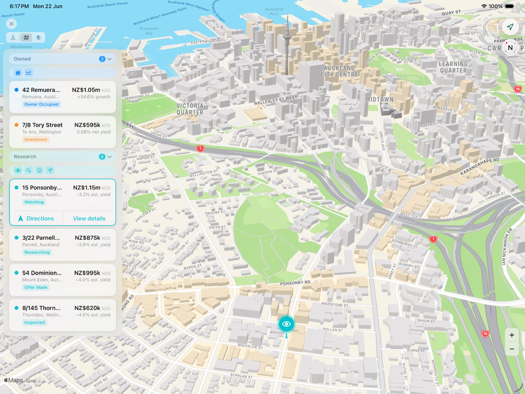 Owned and research-target properties plotted on an interactive map with status badges