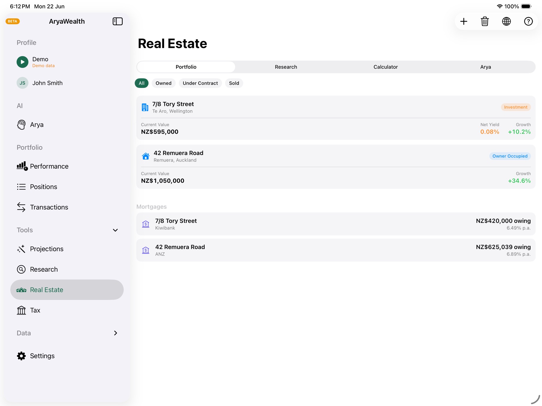 Real estate portfolio with owned properties, growth, and mortgage list