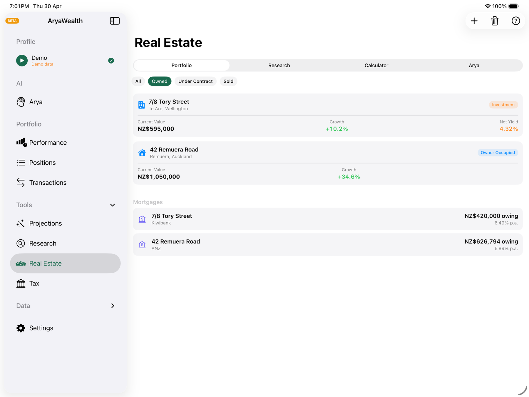 Real estate portfolio with owned properties, growth, and mortgage list