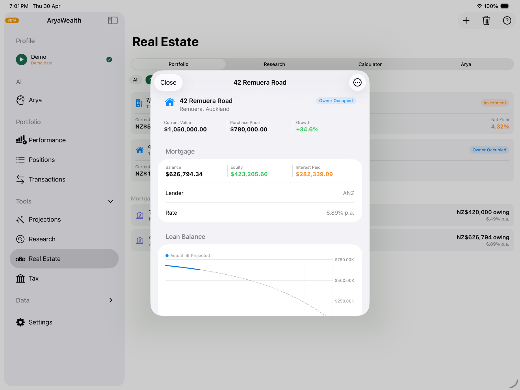 Property detail with mortgage balance, equity, and projected loan curve