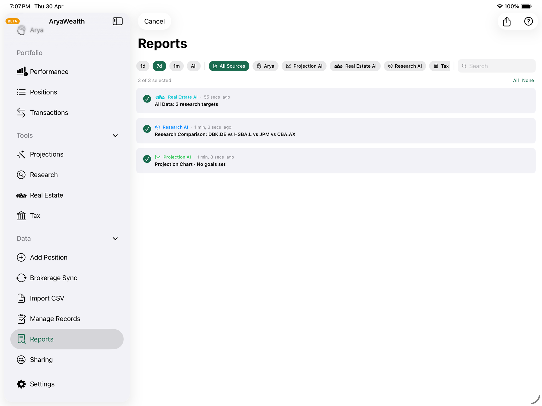Reports selection across Real Estate AI, Research AI, Projection AI, Tax, and Arya sources