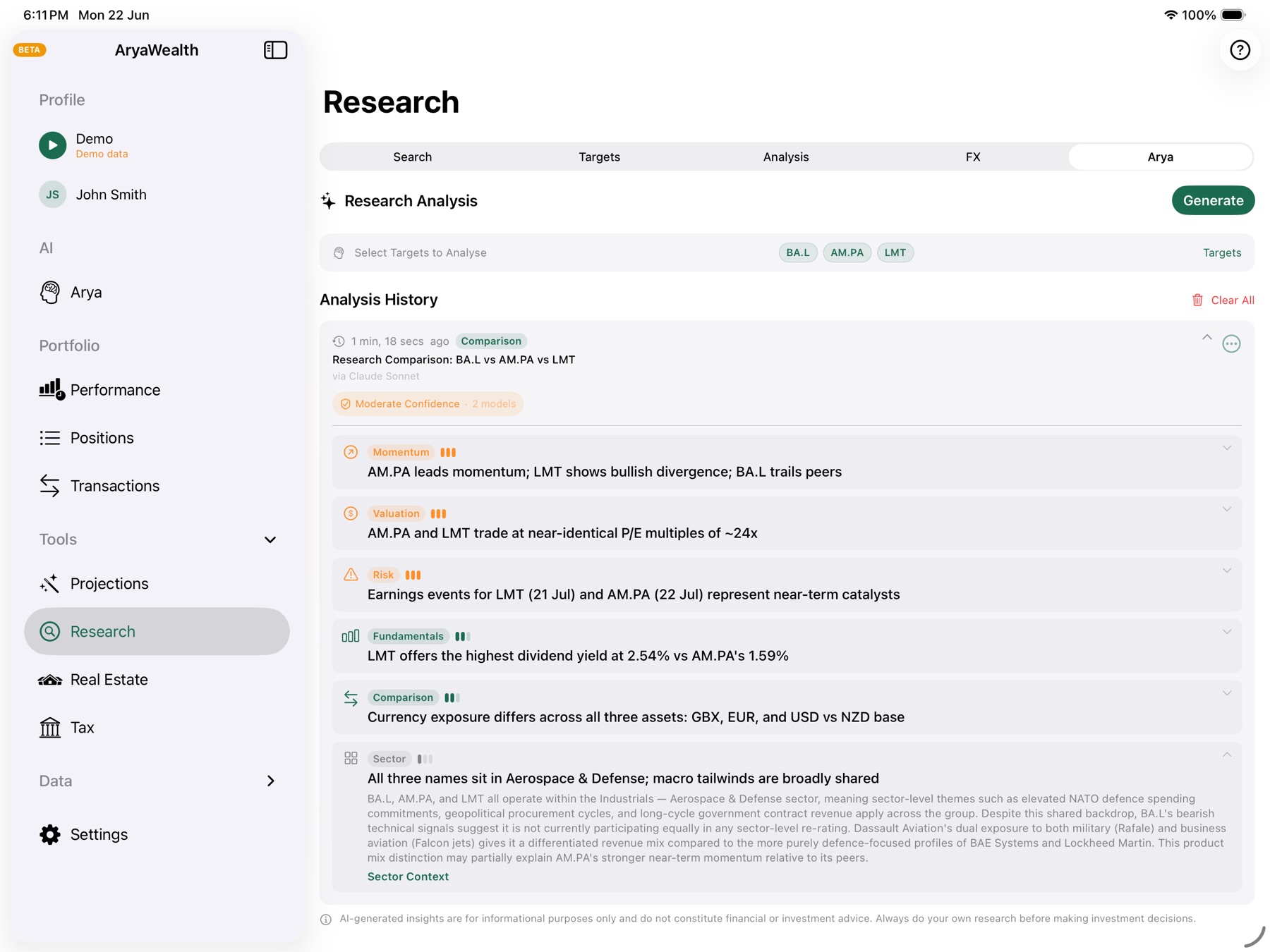 Arya research summary describing momentum, valuation, fundamentals, and risk indicators across selected securities