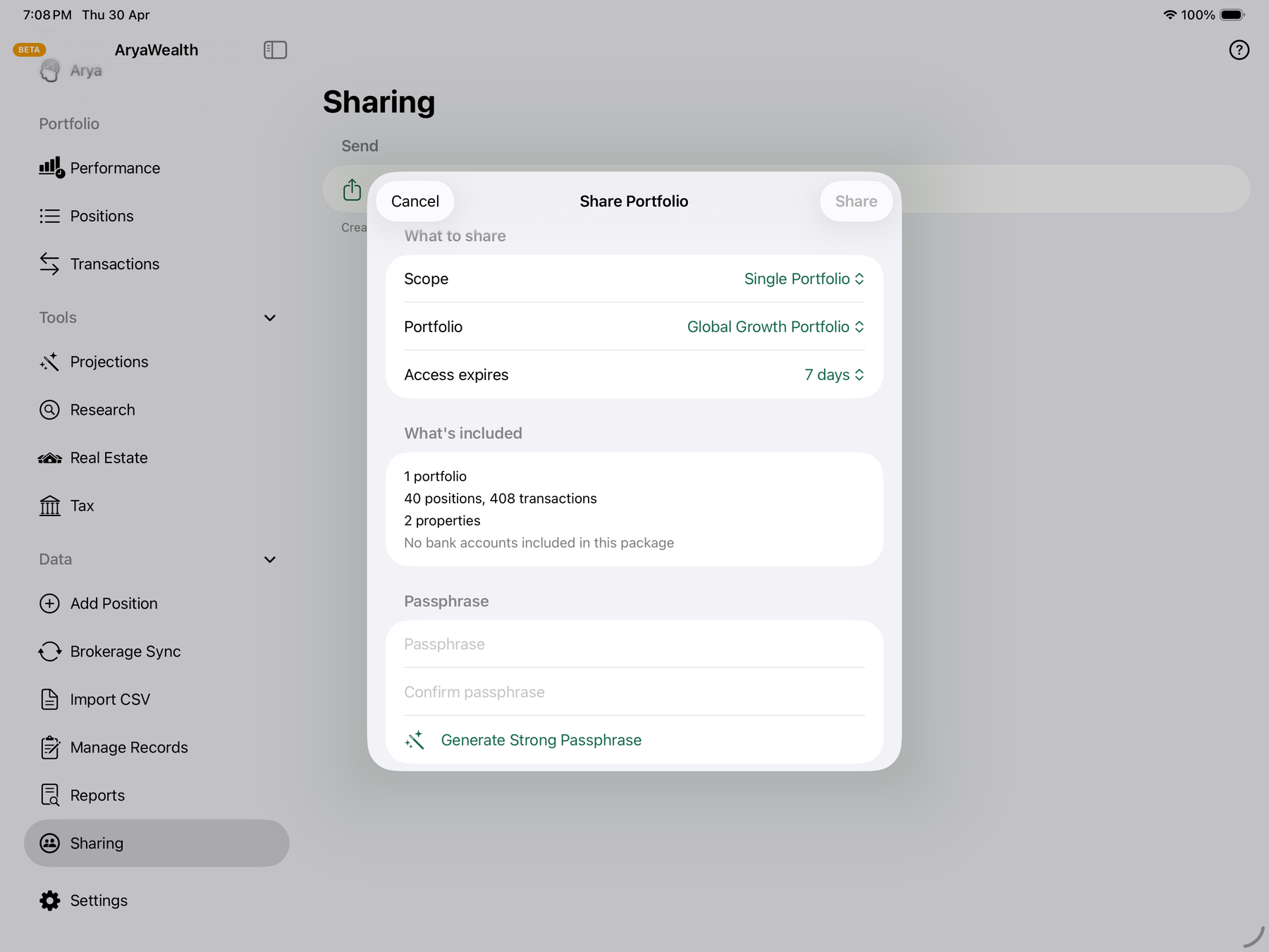 Encrypted wealthpackage sharing with passphrase, scope, and expiry