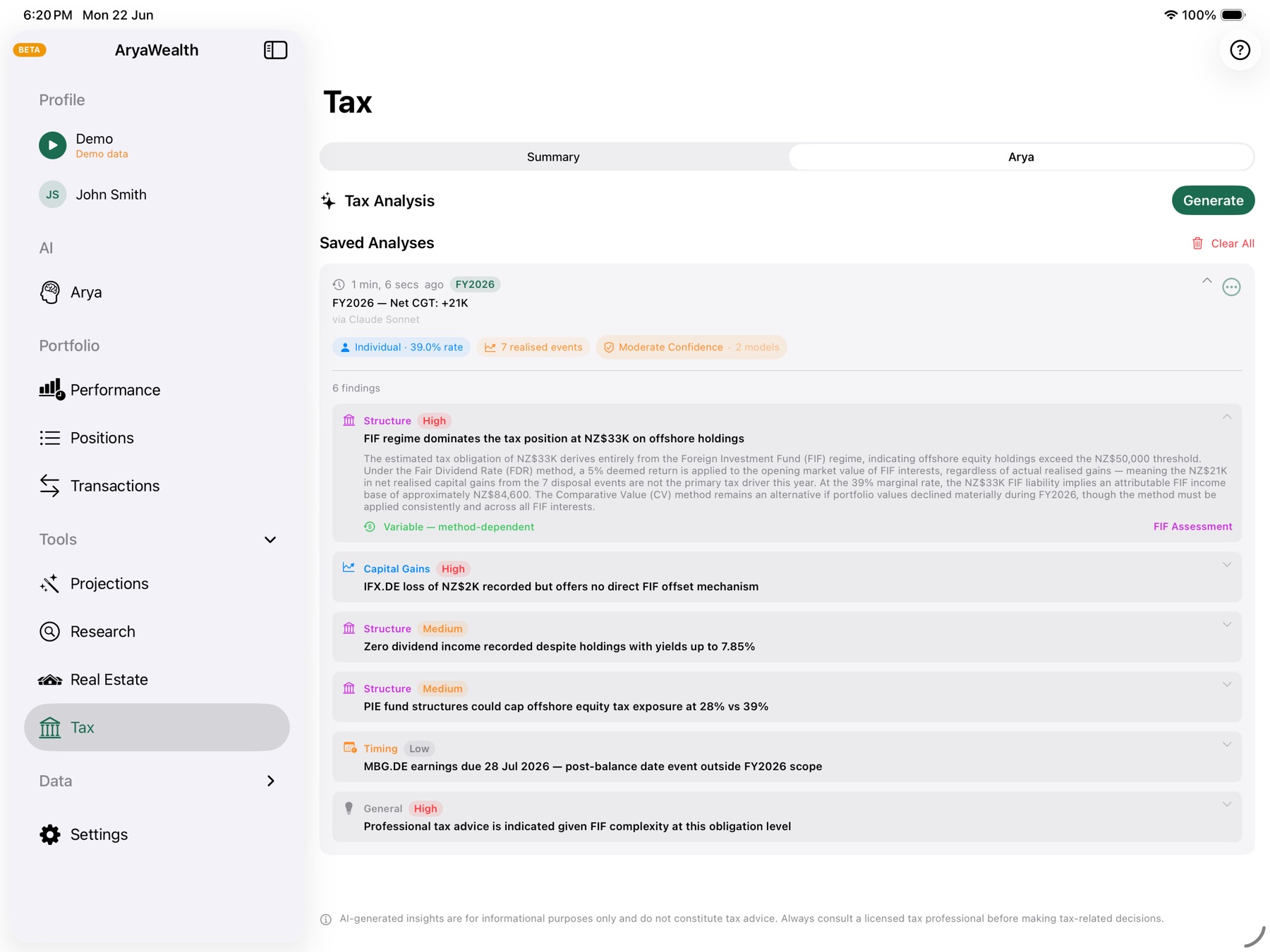 Arya tax analysis describing FIF position, capital gains, and dividend treatment with confidence ratings