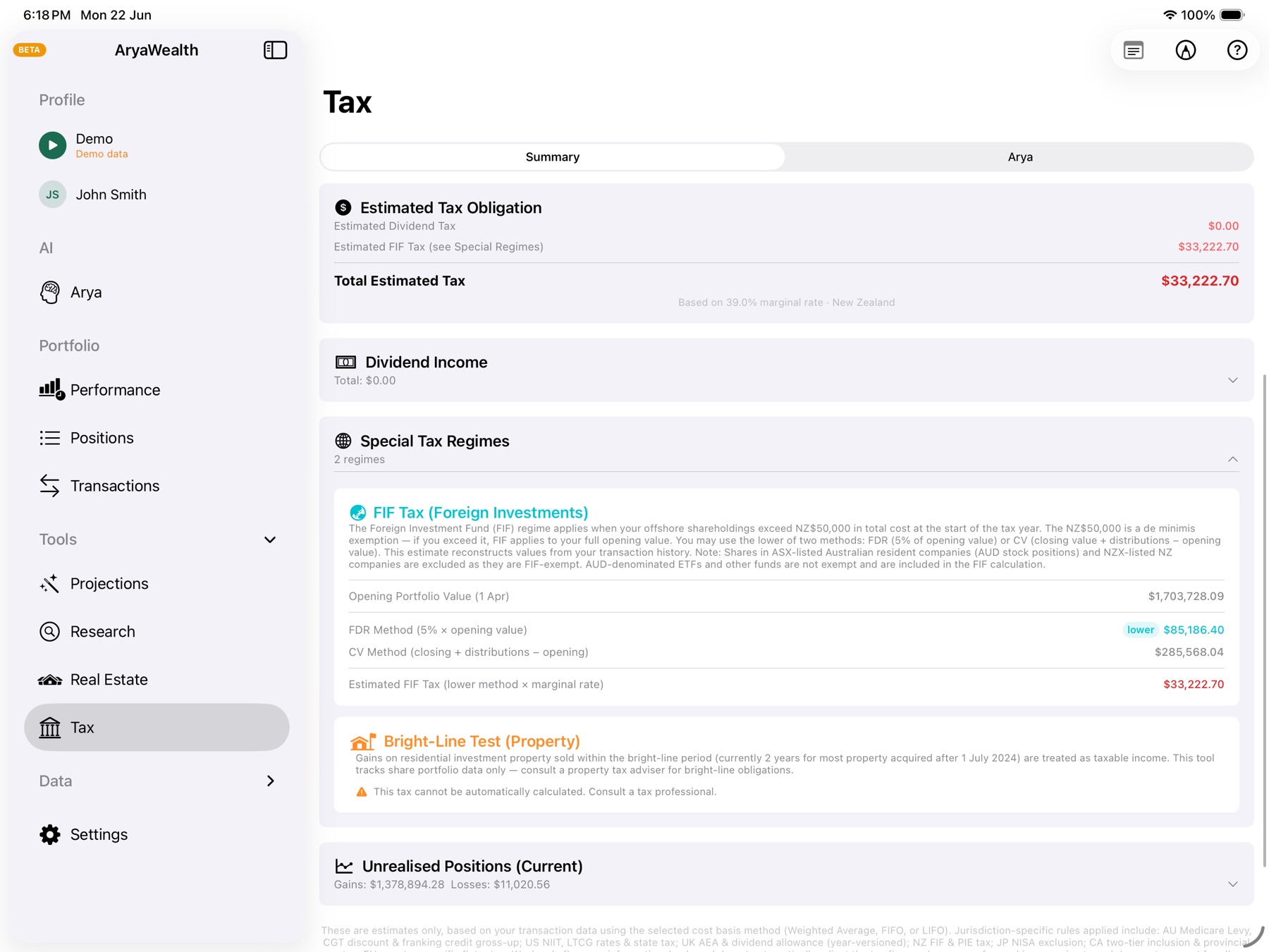 Tax summary screen with FY selector, FIF Foreign Investment Fund calculation, and bright-line test