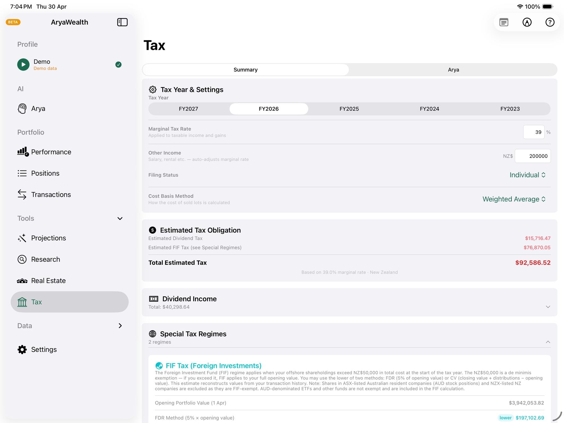 Tax summary screen with FY selector, marginal rate, and NZ FIF Foreign Investment Fund calculation