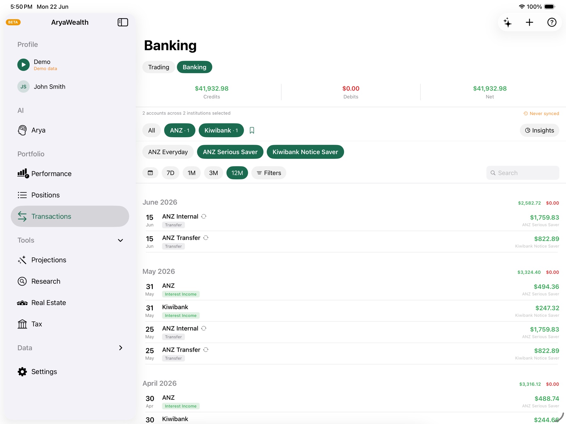 Banking transactions categorised by merchant and account, alongside the trading ledger