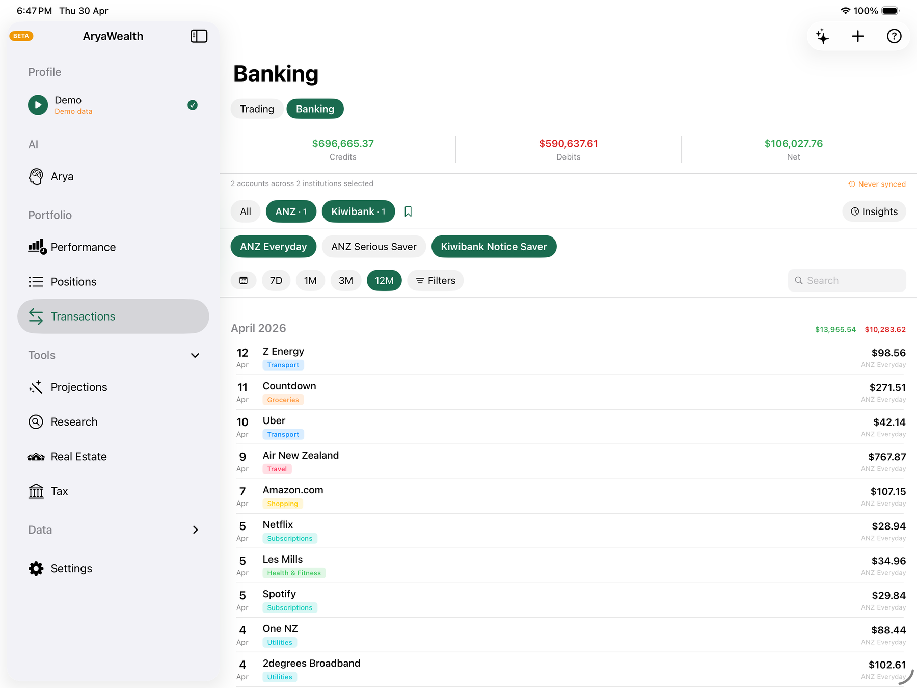 Banking transactions categorised by merchant and account