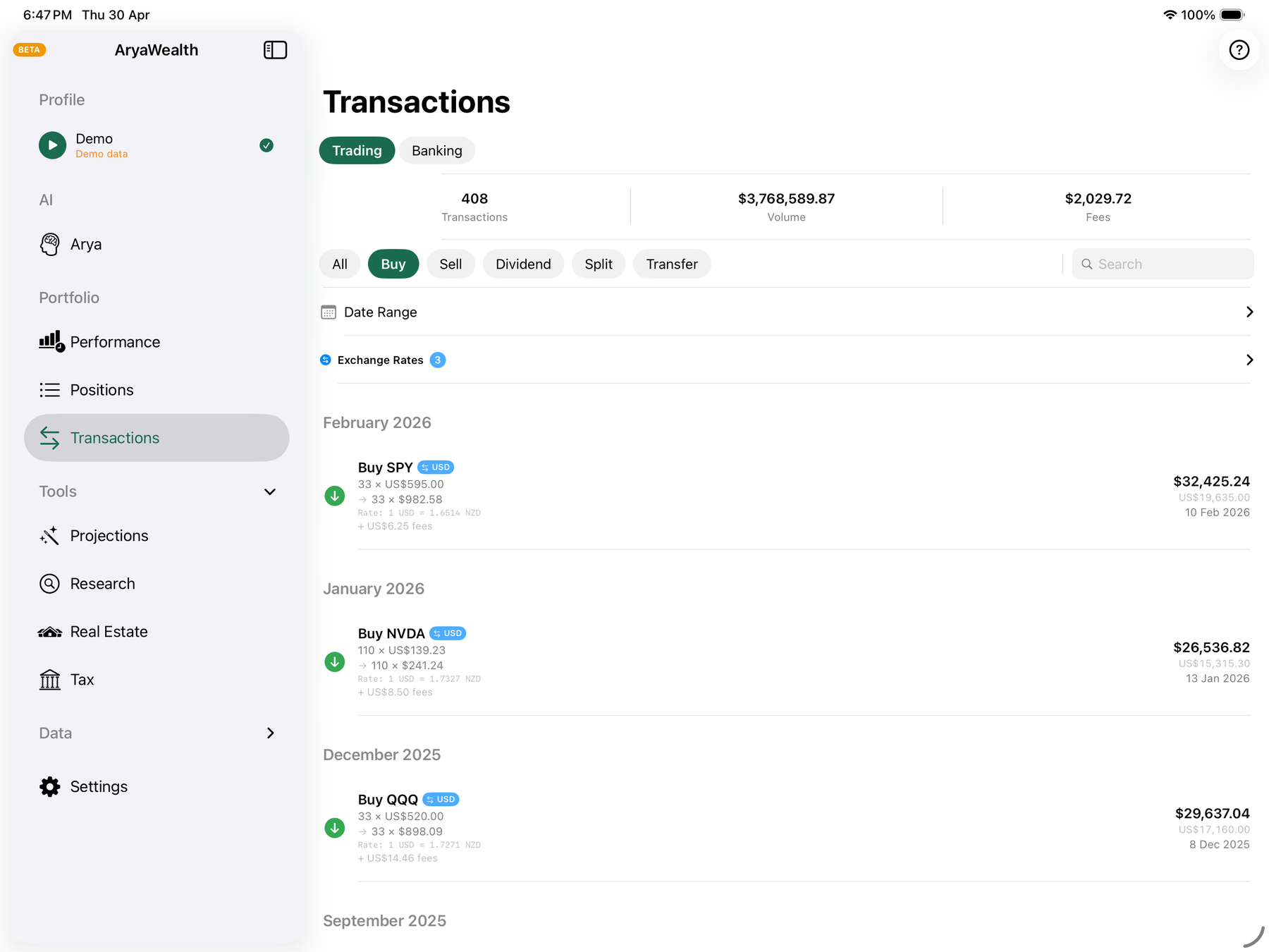 Trading transaction ledger with multi-currency rates and fees